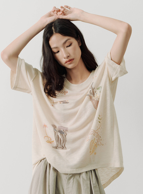 SAME FLOW原创设计感慵懒风印花透气落肩短袖T恤女早秋五分袖上衣