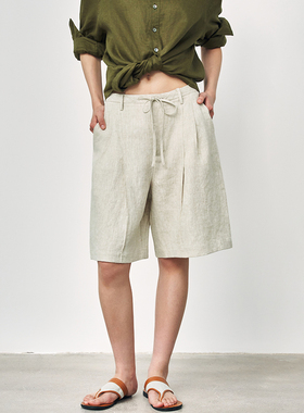 SAME FLOW  慵懒藏青撞色时尚百搭抽绳亚麻宽松直筒版型显瘦短裤