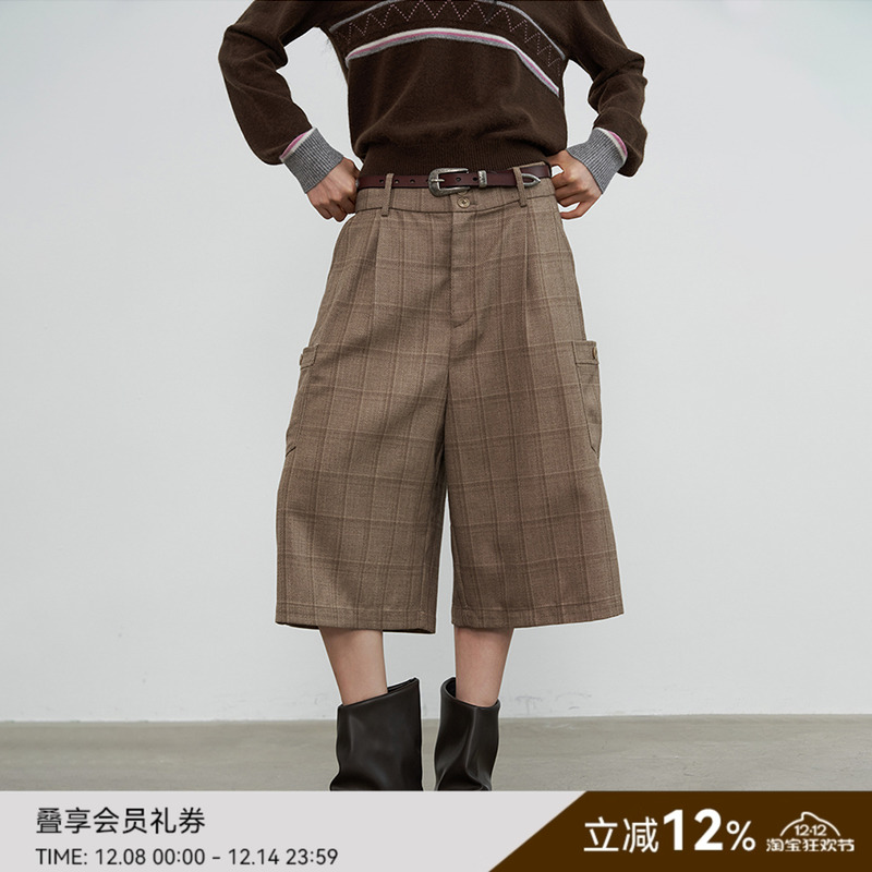 SAMEFLOW 中性咖色格纹复古学院风松弛五分裤女秋冬宽松阔腿裤子