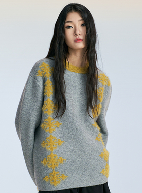 SAME FLOW 小众高级撞色提花肌理感宽松圆领套头简约大气百搭毛衣