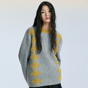 SAME 小众高级撞色提花肌理感宽松圆领套头简约大气百搭毛衣 FLOW