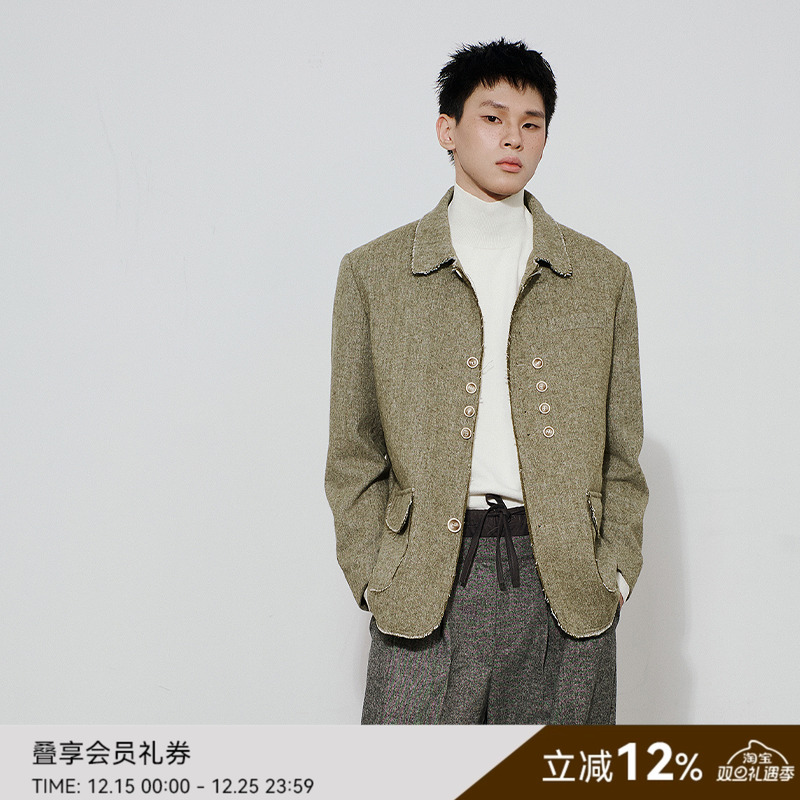 SAME FLOW 设计感多纽扣复古毛边西装上衣秋季简约时尚休闲外套男