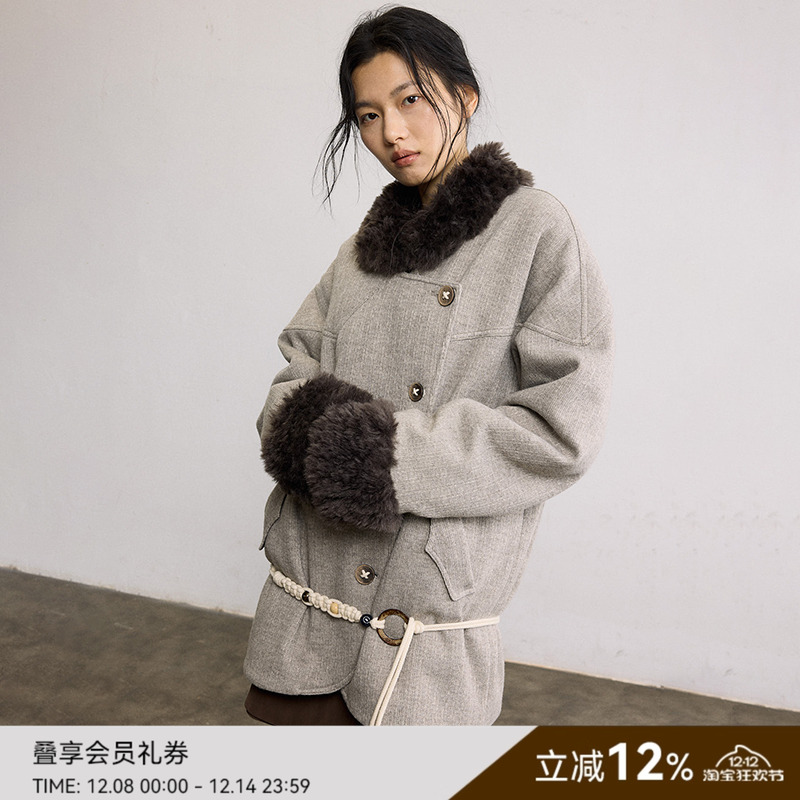 SAMEFLOW 原创冬季高级感毛领棉服女保暖加厚短款宽松夹棉外套