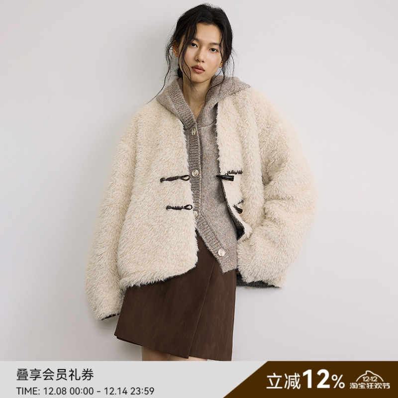 SAMEFLOW 原创双面穿羊毛混纺毛绒感蓬松短款毛呢外套女冬季大衣