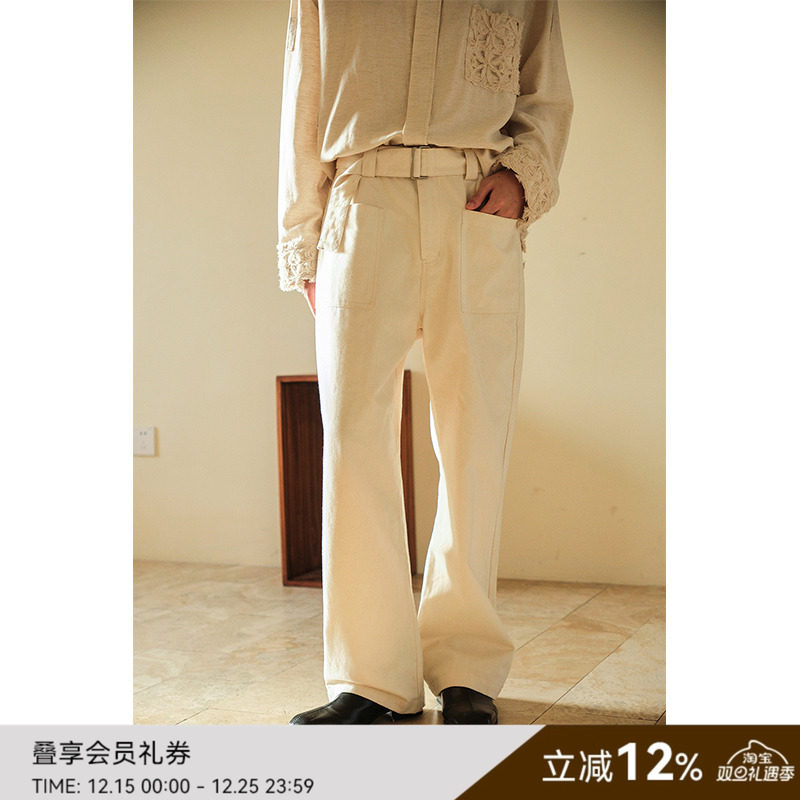 SAME FLOW 日系原胚米白色牛仔裤男2025秋季复古休闲直筒阔腿长裤