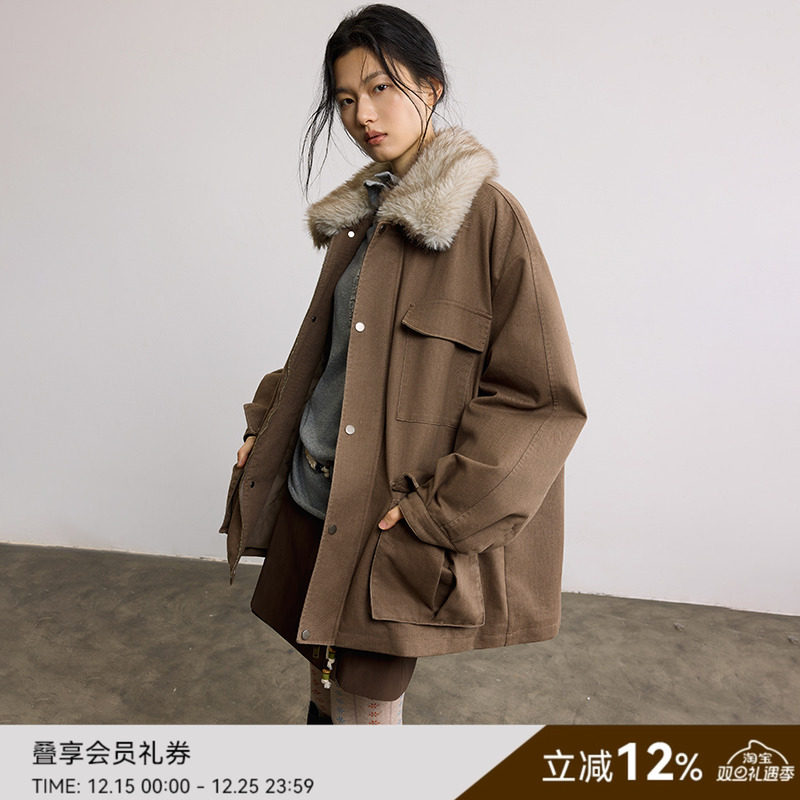 SAMEFLOW 小众设计感oversized慵懒风工装棉服女冬季毛领短款外套