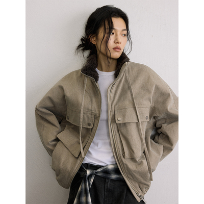 SAMEFLOW 立领羊毛棉服女秋冬大口袋工装风时尚御寒保暖短外套