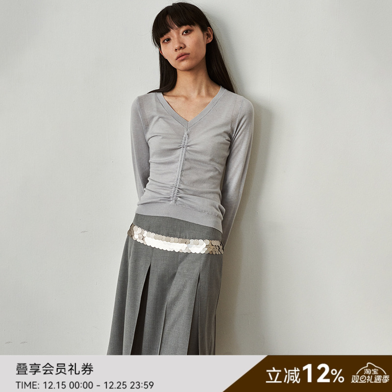 SAME FLOW 秋季V领时尚时髦软糯桑蚕丝修身抽绳长袖针织收腰上衣