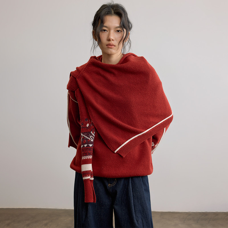 SAMEFLOW 圣诞新年红费尔岛套头搭配围脖宽松羊毛针织毛衫上衣女,女装/女士精品,毛针织衫,淘宝优惠券,粉丝福利购,淘宝优惠卷