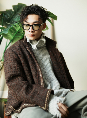 SAME FLOW 休闲时尚粗花呢夹克上衣潮流复古开衫个性简约男士外套