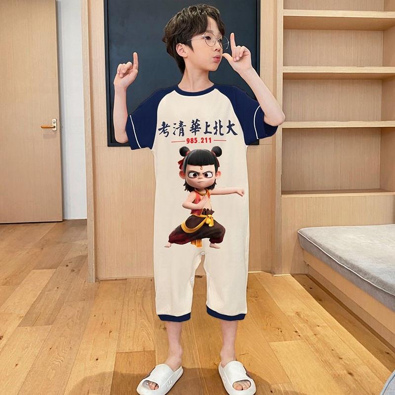 夏季薄款儿童睡衣男童纯棉短袖连体衣中大童男孩哪吒防踢被子睡袋