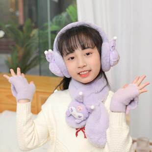 库洛米围巾男童新款学生一体帽子防冻防风混线恰狗女童厚红套头出