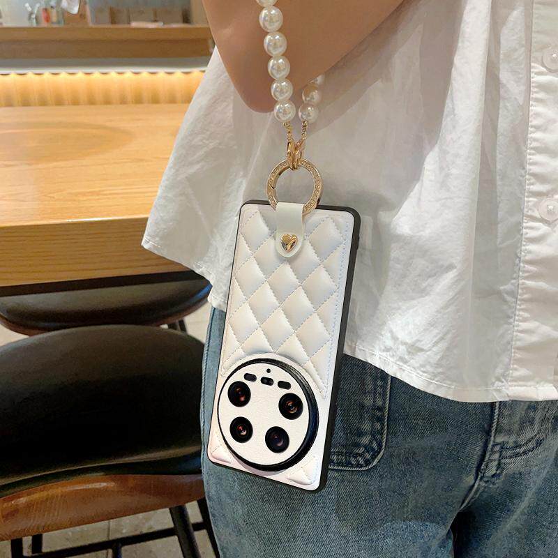 日韩小香风适用小米15ultra手机壳皮纹小米15ultra保护套防摔软边15ultra全包高档菱格珍珠手提链日韩网红女