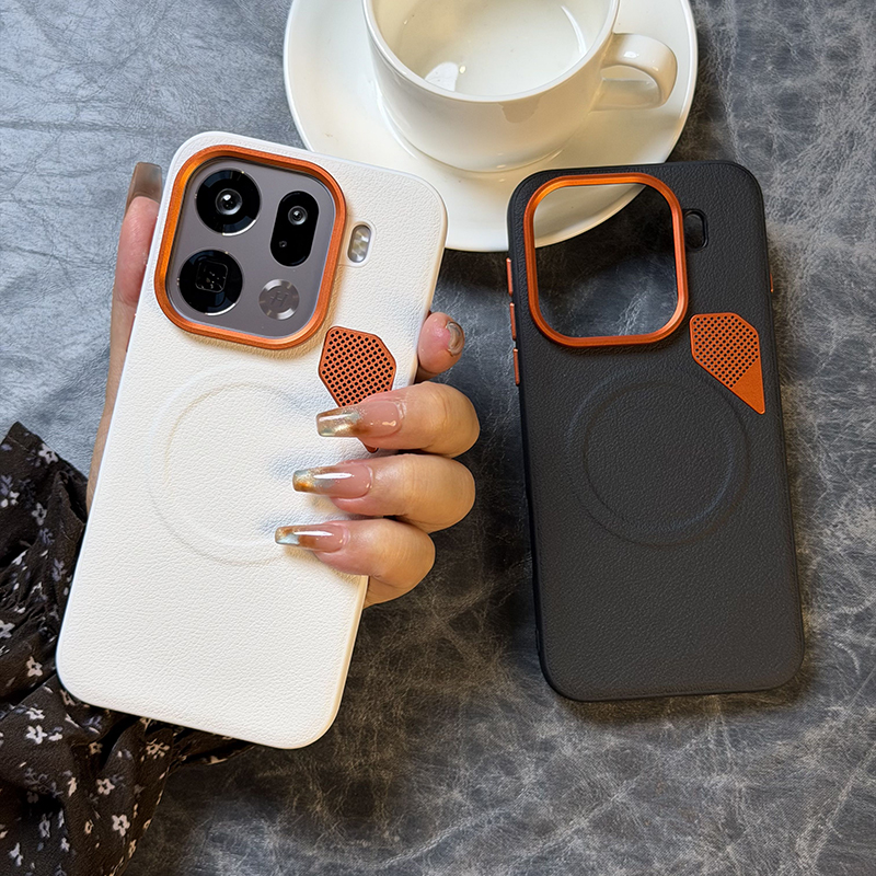 高级五金散热适用oppofindx9手机壳皮纹oppofindx9pro保护套防摔磁吸充电findx9创意橙色镜头散热设计