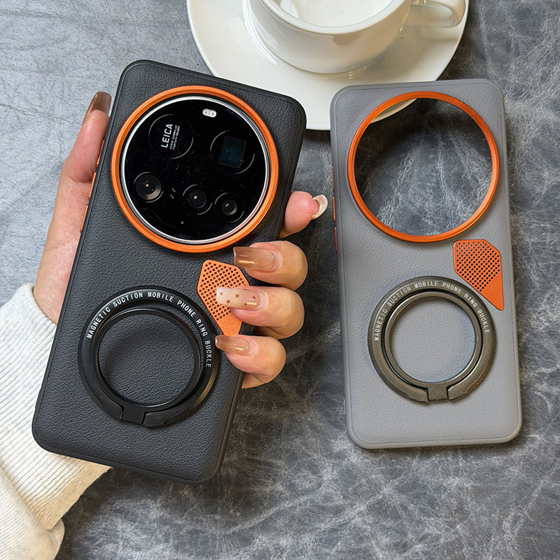 高档磁吸指环支架适用小米15Ultra手机壳皮纹小米14ultra保护套防摔米15ultra高级磁吸便携支架五金散热设计
