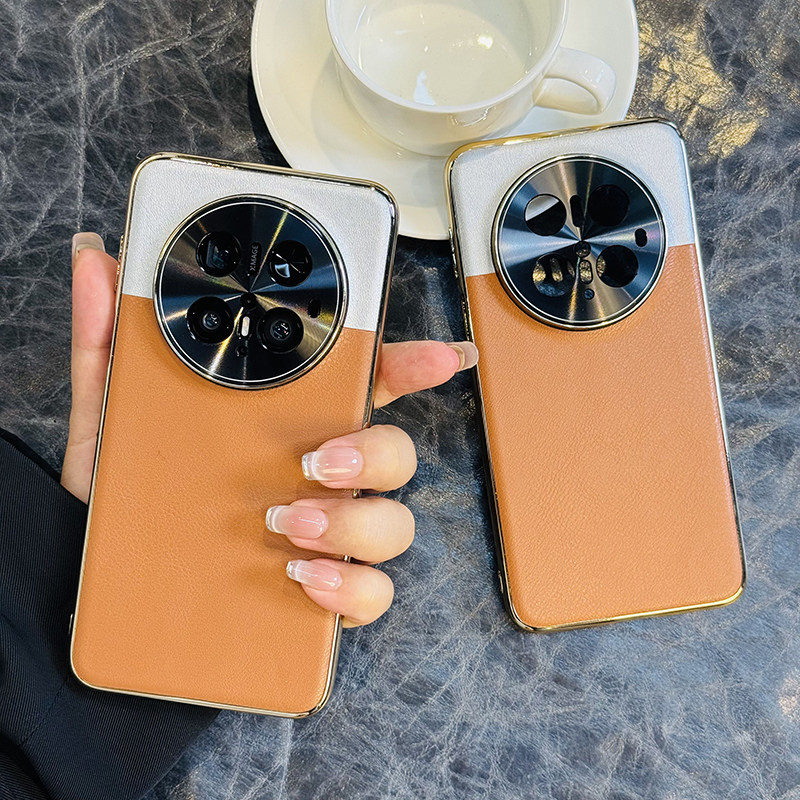 高级拼色适用华为mate70pro手机壳电镀皮纹mate60保护套全包防摔软边大漠银月mate70高档电镀金色mate60pro+