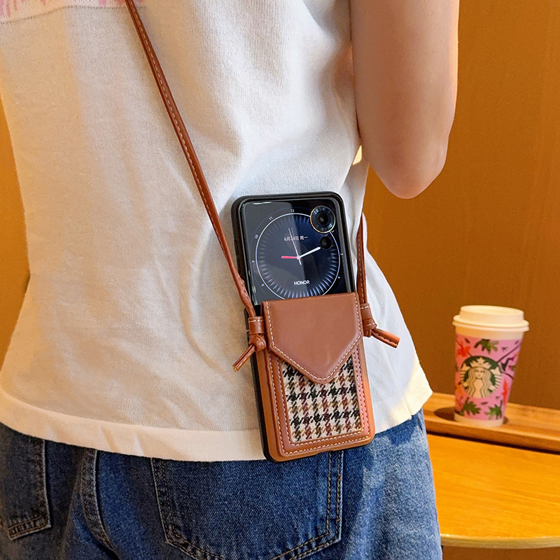 日韩千鸟格卡包适用小米MIXFLIP手机壳皮纹折叠屏mixflip保护套防摔高级感棕色斜挎挂绳女背带