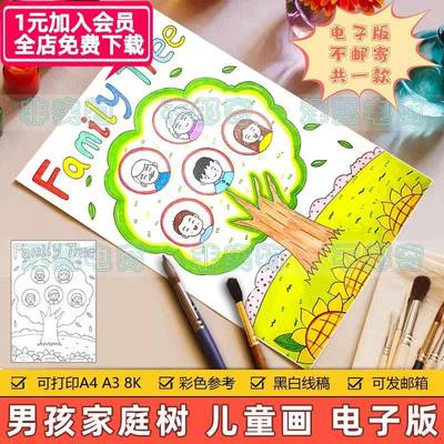 family tree 英文儿童绘画模板小学生男孩版趣味英语家庭树手抄报