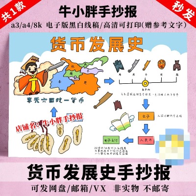 货币发展史手抄报中国货币的演变数学电子版小报黑白线描涂色t921