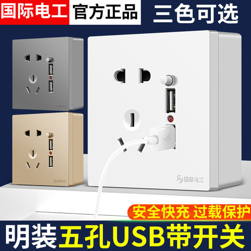 国际电工86型五孔USB带开关插座
