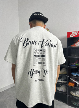 YUANQ24SS注意事项美式花灰短袖小众小领口重磅宽松休闲复古T恤