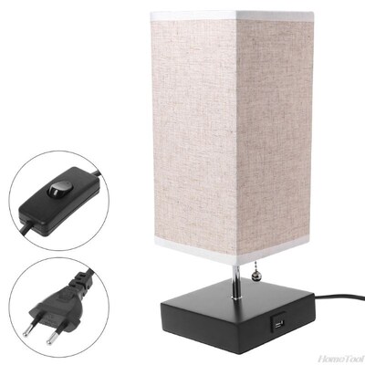 Wood Base Fabric Shade Bedside Table Lamp With USB Port & Pu