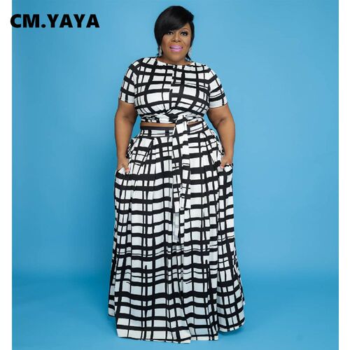 CM.YAYA Women Plus Size Plaid Two Piece Set Fashion Tie Up T