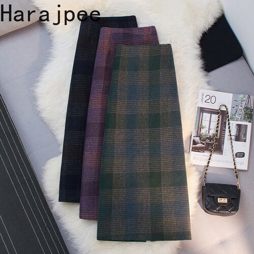 Harajpee A-line Skirt High Waist Temperament Retro Plaid Mid