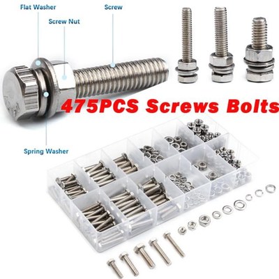 475Pcs Stainless Steel Metric Hex Bolts Head Cap Hexagon Soc