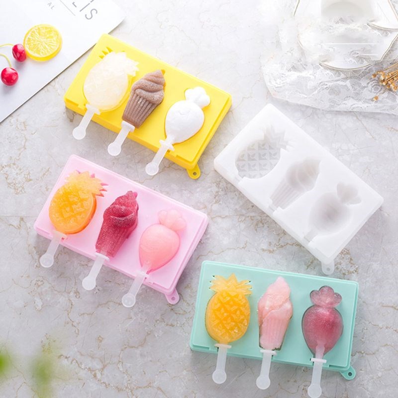 Food Grade Silicone Ice Cream Molds with Lid 3 Cell Fruit Sh