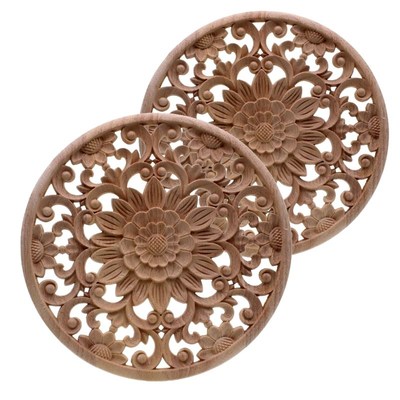Carved Flower Carving Round Wood Appliques For Furniture Cab