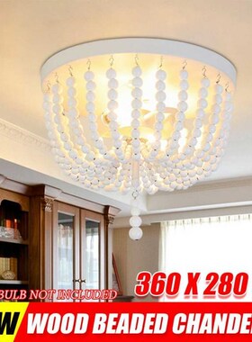 White Chandelier Wooden Beaded Lighting Fixture Fringe Hangi