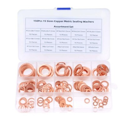150PCS Copper Washer Gasket Nut and Bolt Set Flat Ring Seal
