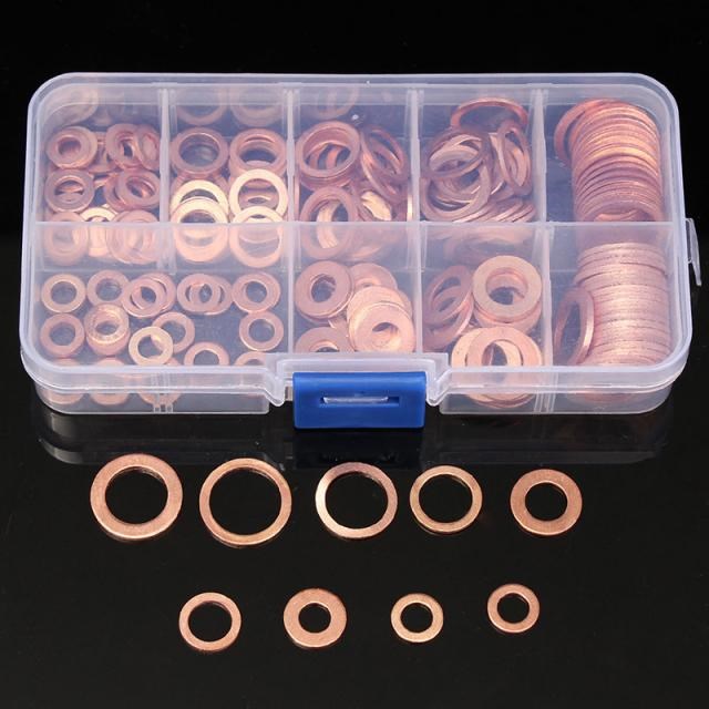 200pcs Copper Washers Gasket Set Flat Ring Seal Assortment K