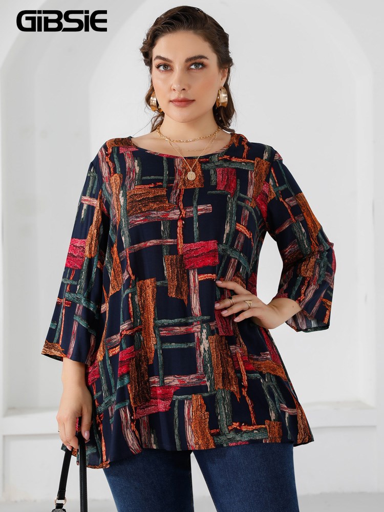 GIBSIE Plus Size Women Casual Print Round Neck T-shirt Sprin