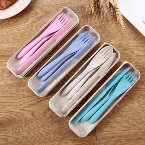 3Pcs/set Portable Travel Cutlery Box Japan Style Wheat Straw