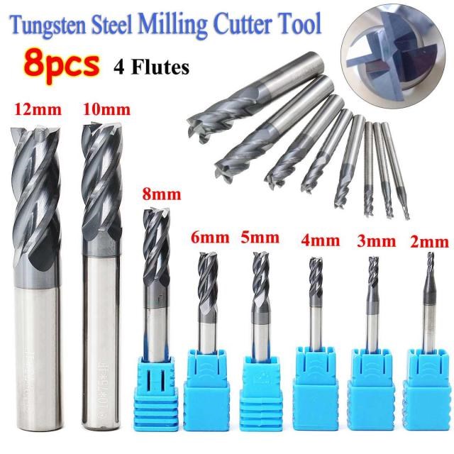 8 Pcs Durable High Quality 2-12mm 4 Flutes Carbide End Mill