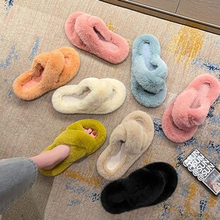 Women Fuzzy Slippers Autumn Winter Cute Home Shoes Faux Rabb