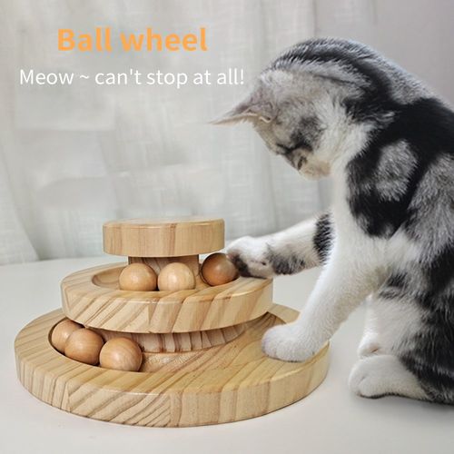 Solid Wood Cat Toy Wooden Wheel Rolling Ball Double Triple F
