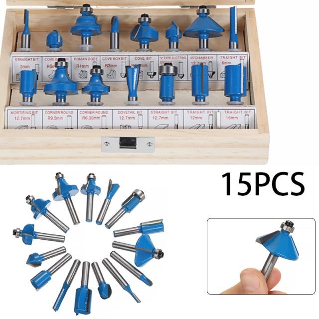 15pcs/set Trimmer Flush Wood Router Bit 1/4''/8mm Shank Wood