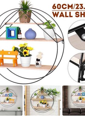 60cm Wooden Iron Wall Hanging Shelf Retro Round Office Sundr