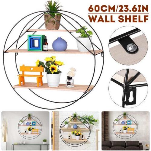 60cm Wooden Iron Wall Hanging Shelf Retro Round Office Sundr