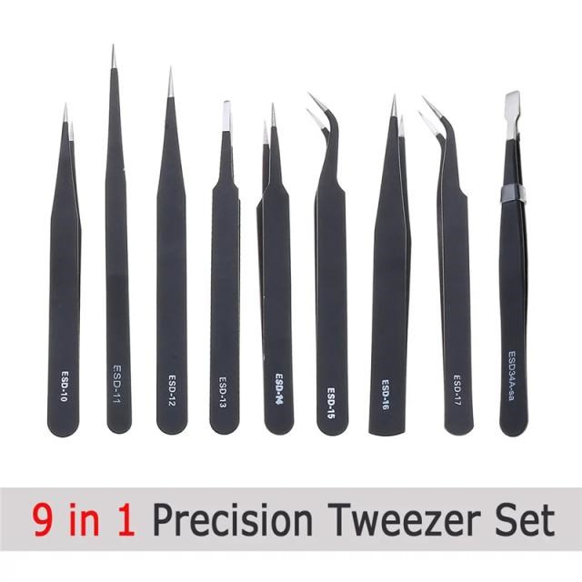 9Pcs ESD Tweezer Anti-static Stainless Steel Precisiion Twee