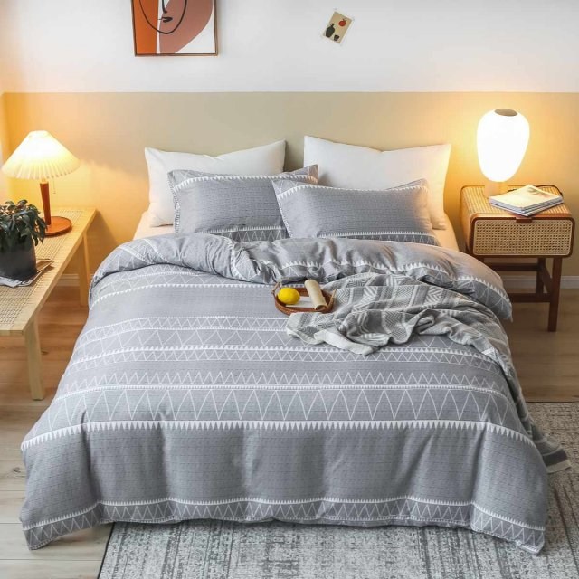 3PCS Cotton Duvet Cover Set Fashion Gray Geometry Women Girl