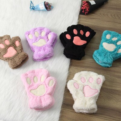 1Pair Women Girls Lovely Winter Warm Fingerless Gloves Fluff
