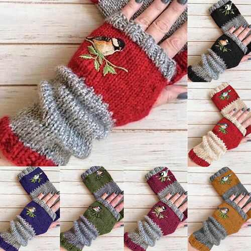 Embroidery Birds Gloves Cotton Fingerless Glove for Women Kn