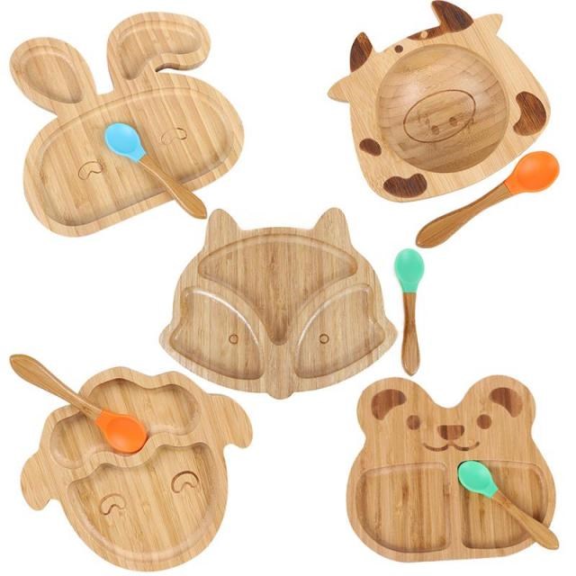 Baby Feeding Bowl With Silicone Spoon Tableware Set Bamboo N