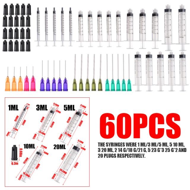 60Pcs Plastic Syringes With Blunt Tip Needles Caps 1/3/5/10/