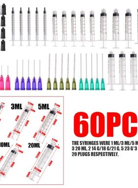 60Pcs Plastic Syringes With Blunt Tip Needles Caps 1/3/5/10/