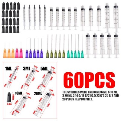 60Pcs Plastic Syringes With Blunt Tip Needles Caps 1/3/5/10/